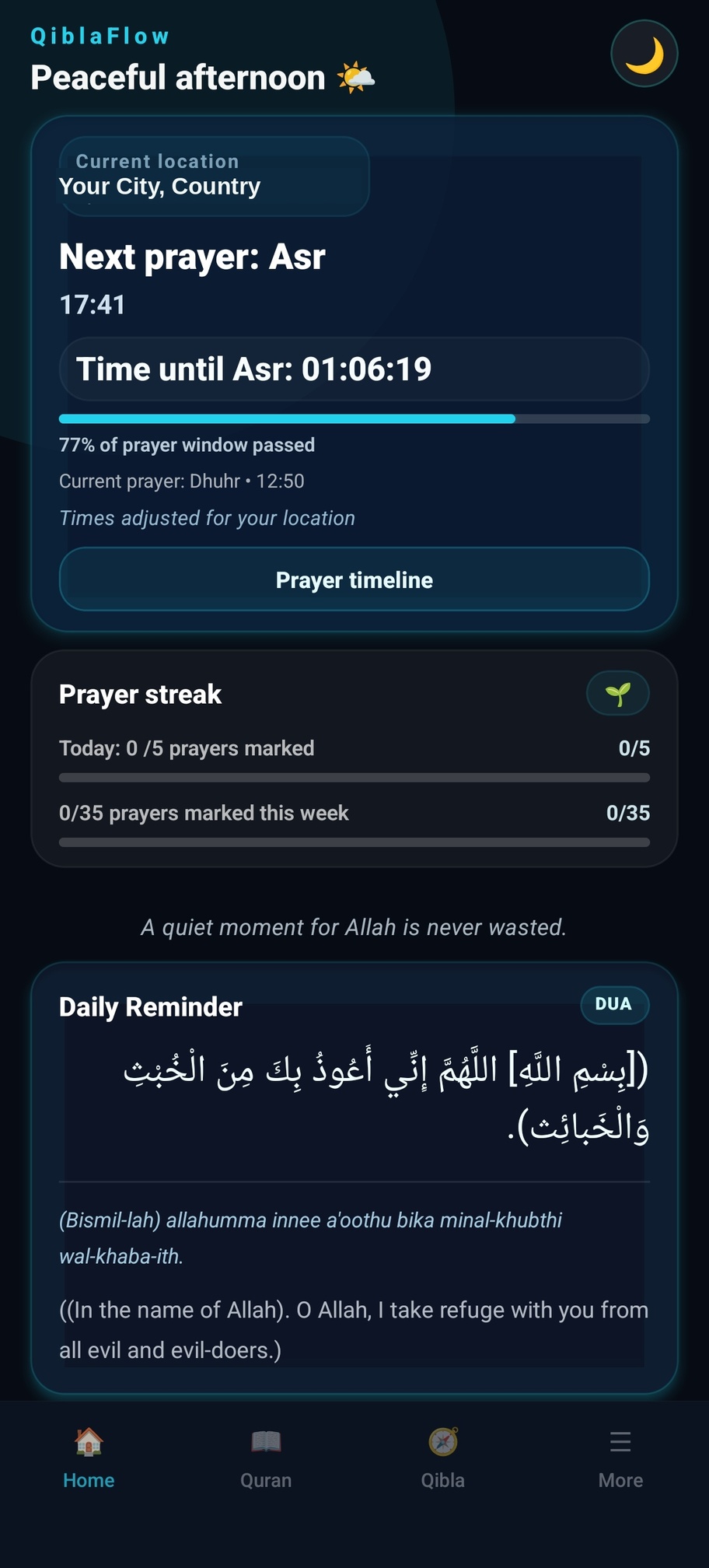 QiblaFlow home screen with live prayer times